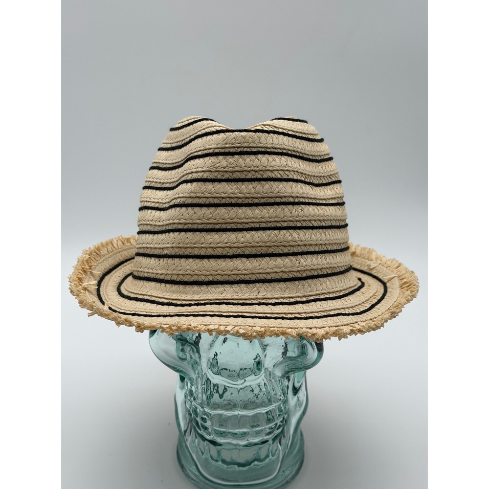 Joe Boxer Straw Fedora Hat Tan Black Striped Frayed Brim Sun Beach OFSM